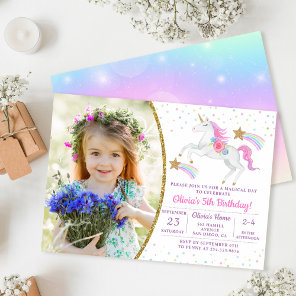 Rainbow Floral Magical Unicorn Girl Birthday Photo Invitation