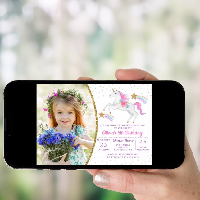 Rainbow Floral Magical Unicorn Girl Birthday Photo Invitation (Front Digital)