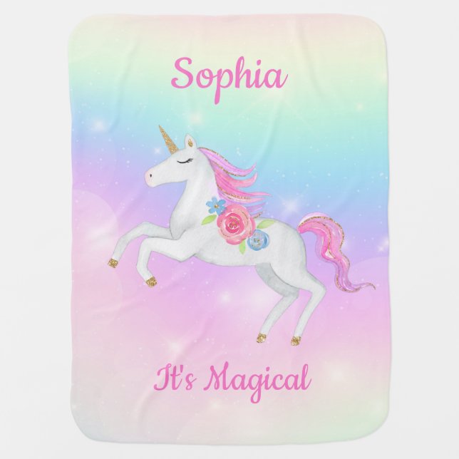 Rainbow Floral Magical Unicorn Girl Personalized Baby Blanket (Front)