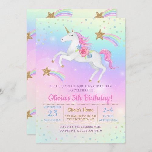 Rainbow Floral Magical Unicorn Girls Birthday Invitation