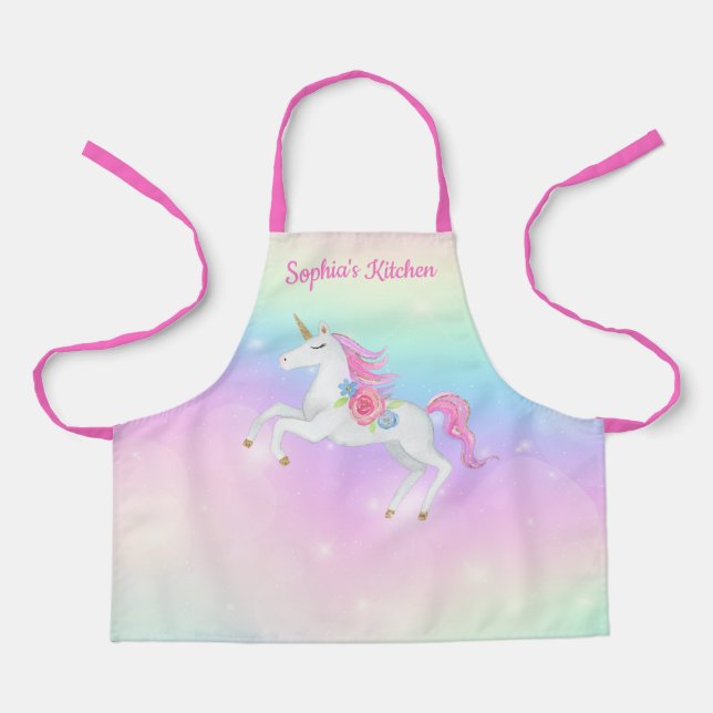 Rainbow Floral Magical Unicorn Personalized Apron (Front)