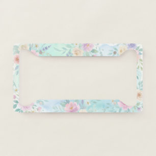 rainbow floral pastel watercolor blue green backgr license plate frame