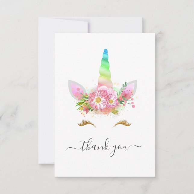 Rainbow Floral Unicorn Baby Shower Thank You Card (Front)