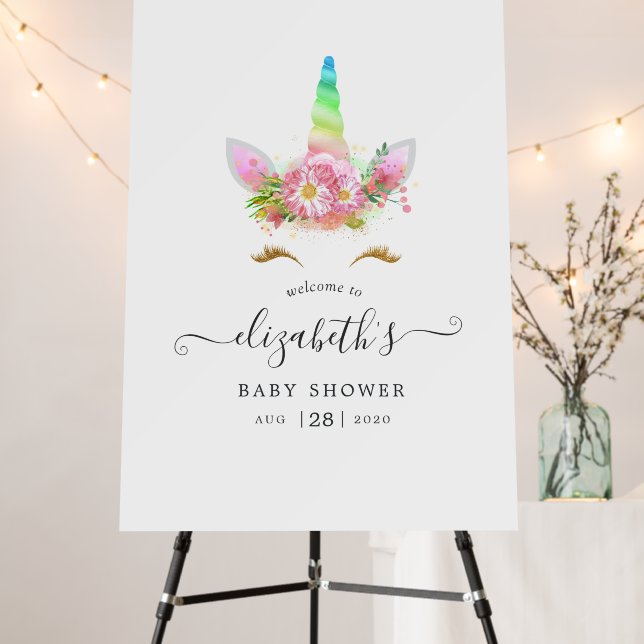 Rainbow Floral Unicorn Baby Shower Welcome Foam Bo Foam Board (In Situ (Stand))