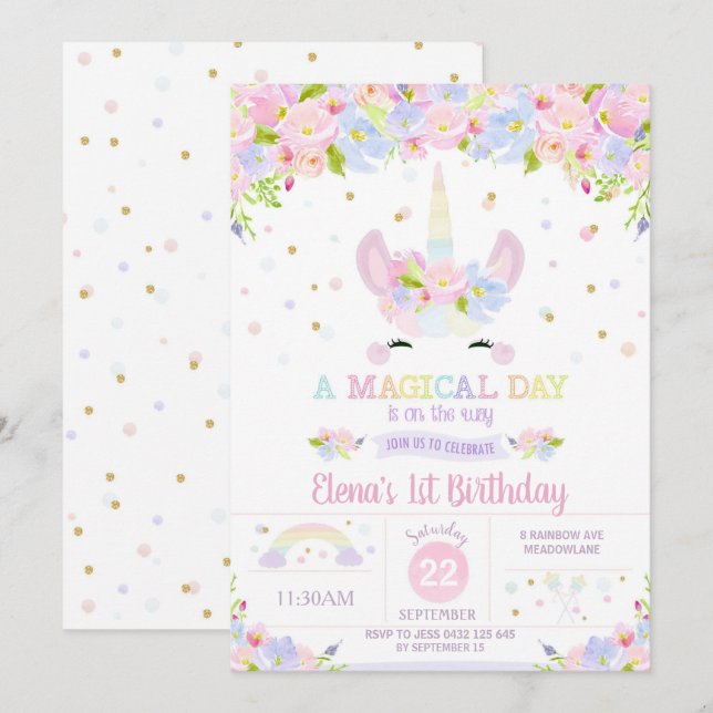 Rainbow Floral Unicorn Birthday Invitation Pastel (Front/Back)
