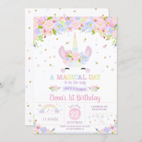 Rainbow Floral Unicorn Birthday Invitation Pastel