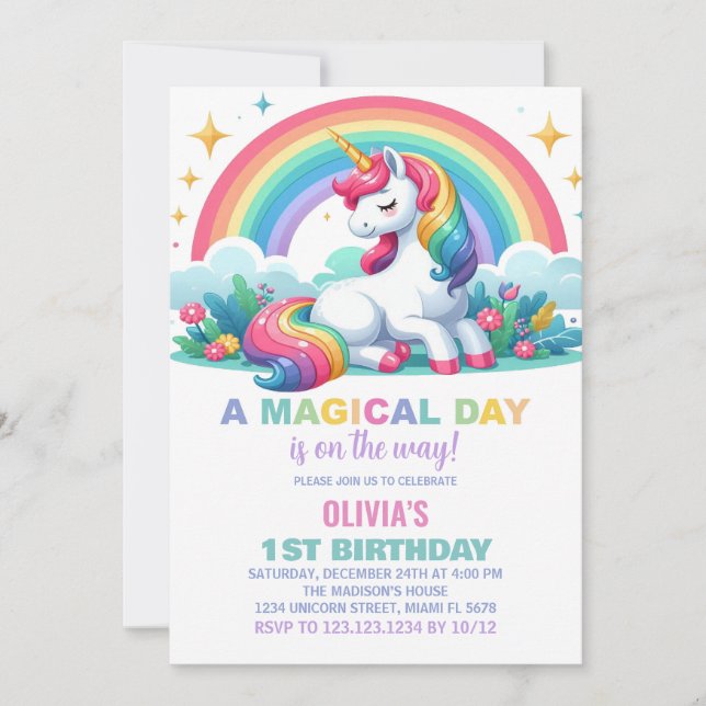 Rainbow Floral Unicorn Birthday Invitations (Front)
