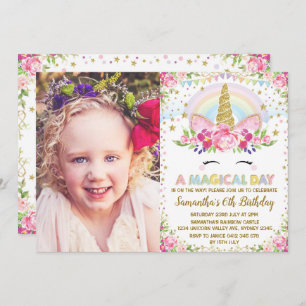 Rainbow Floral Unicorn Birthday Party Invitation