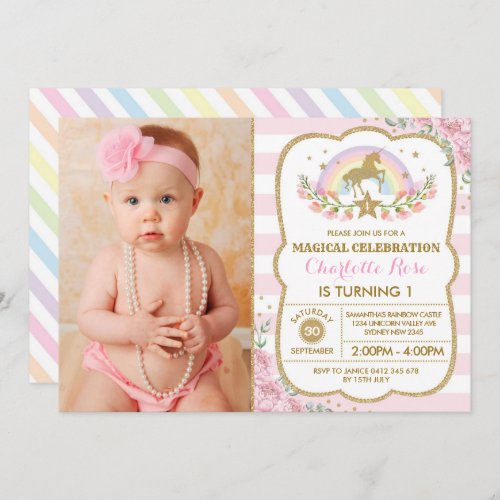 Rainbow Floral Unicorn Birthday Party Invitation