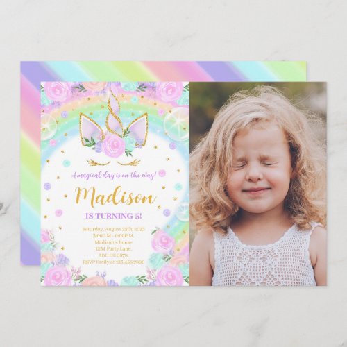 Rainbow Floral Unicorn Birthday Photo Invitation