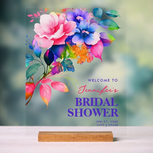 Rainbow Floral Watercolor Bridal Shower Welcome  Acrylic Sign