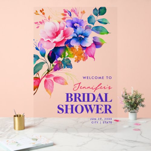 Rainbow Floral Watercolor Bridal Shower Welcome  Acrylic Sign
