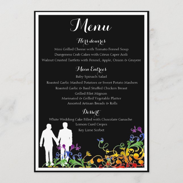 Rainbow Flourishes Gay Wedding Dinner Menu (Front)