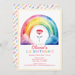 Rainbow Flower 1st Birthday Party Invite