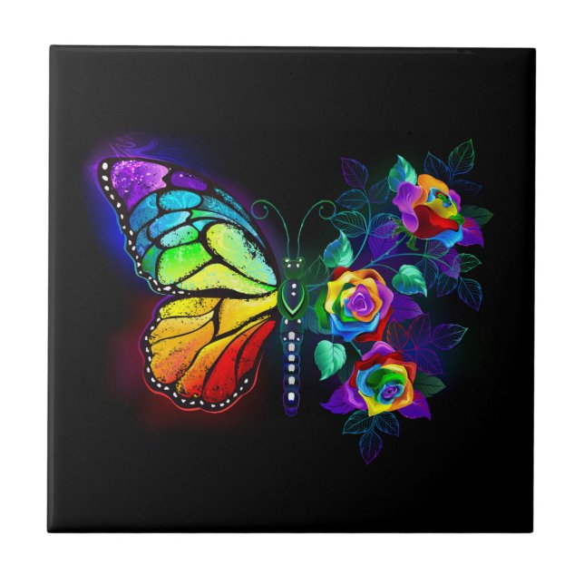 Rainbow flower butterfly ceramic tile (Front)
