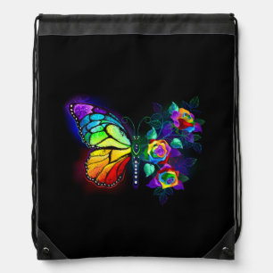 Rainbow flower butterfly drawstring bag