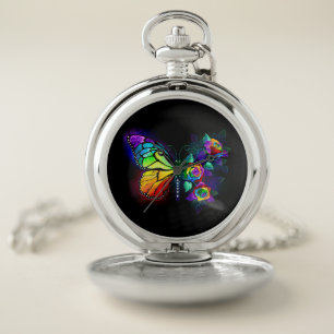 Rainbow flower butterfly pocket watch