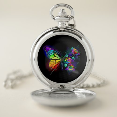 Rainbow flower butterfly pocket watch