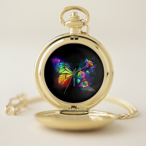 Rainbow flower butterfly pocket watch