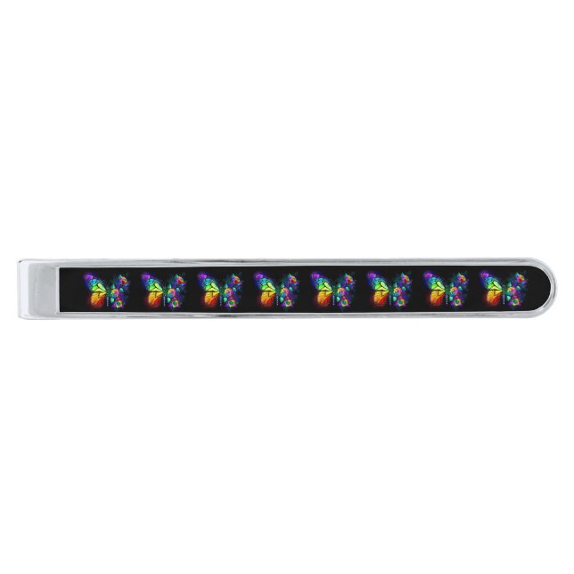 Rainbow flower butterfly silver finish tie bar (Front)