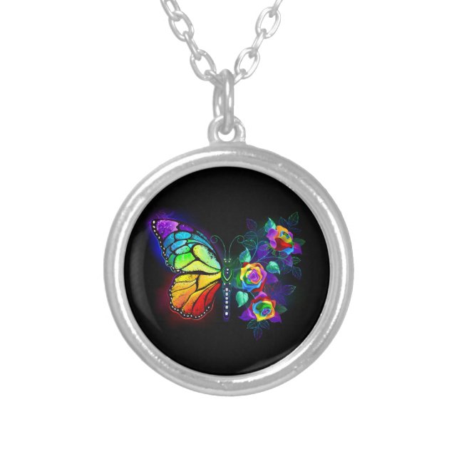 Rainbow flower butterfly silver plated necklace (Front)