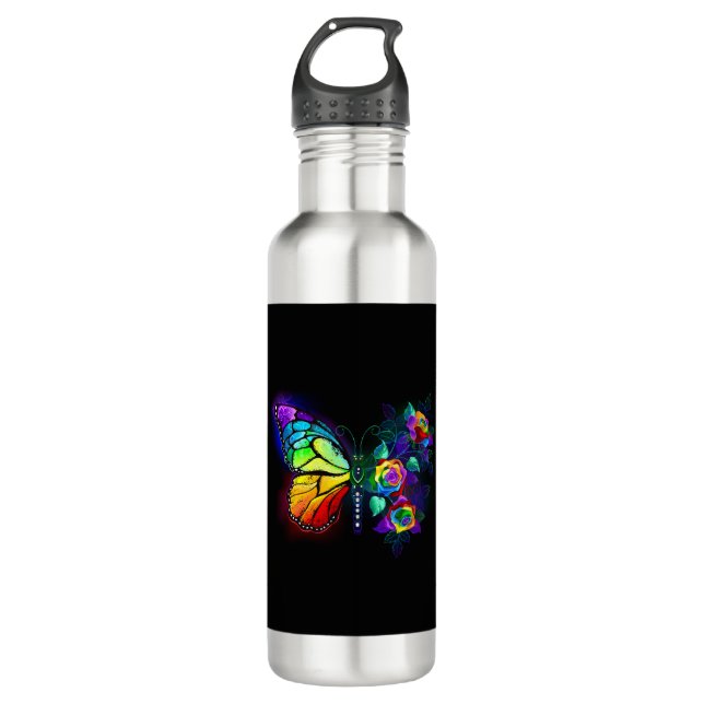 Rainbow flower butterfly stainless steel water bottle (Front)