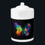 Rainbow flower butterfly teapot<br><div class="desc">Rainbow,  luminous,  artistically painted monarch butterfly with bouquet of iridescent,  bright,  luminescent roses on black background. Rainbow butterfly.</div>
