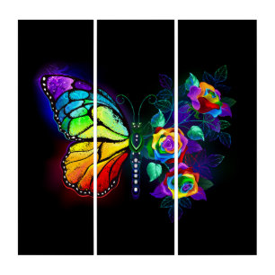 Rainbow flower butterfly triptych