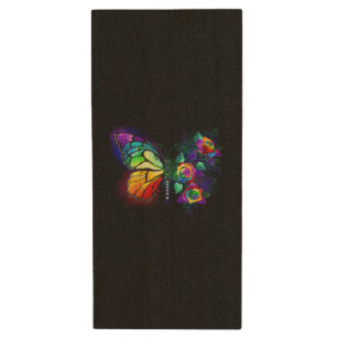 Rainbow flower butterfly wood flash drive