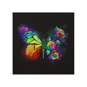 Rainbow flower butterfly wood wall art