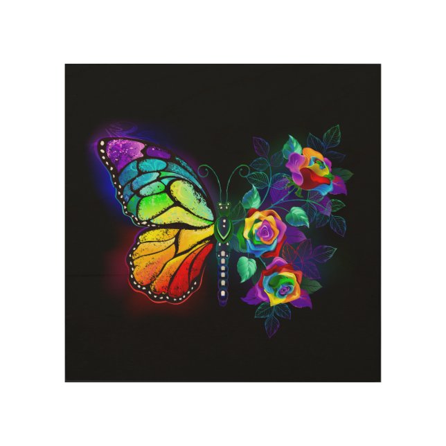 Rainbow flower butterfly wood wall art (Front)