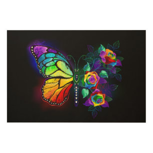 Rainbow flower butterfly wood wall art