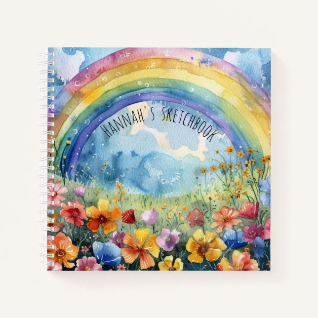 Rainbow Flower Garden Custom Name Sketchbook Notebook (Front)