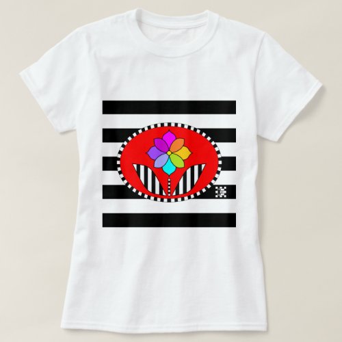 Rainbow Flower in Red Oval on Bold Stripes t_shirt