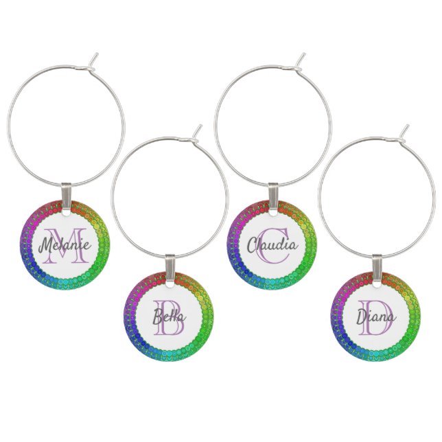 Rainbow Flower Mandala Monogram Wine Charm (Staggered)