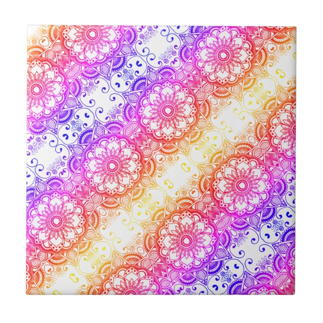 Rainbow Flower Mandala Pattern 3  Ceramic Tile (Front)
