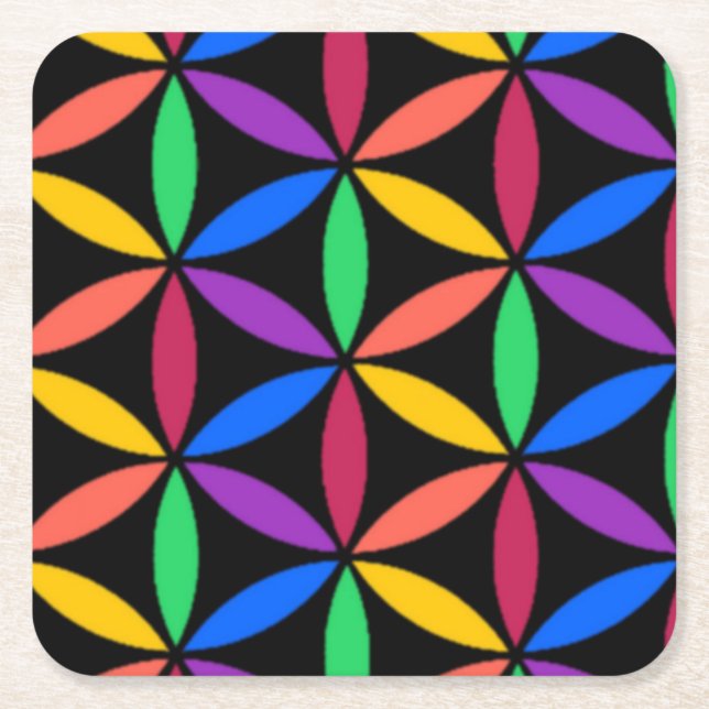 Rainbow Flower of Life Pattern Square Paper Coaster (Front)