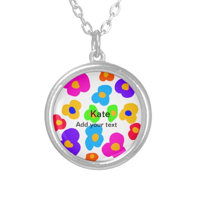 Rainbow flower pride love add name text lqbtq abst silver plated necklace (Front)