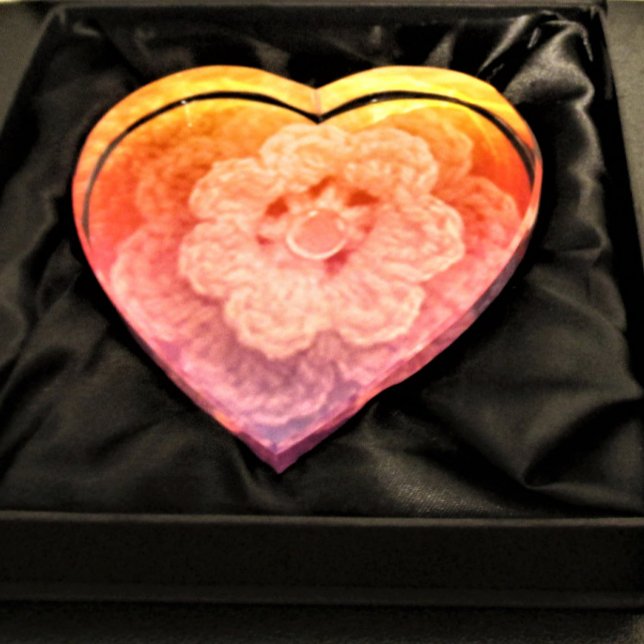 Rainbow Flower Unique Designer Crochet Print Heart Paperweight (Creator Uploaded)
