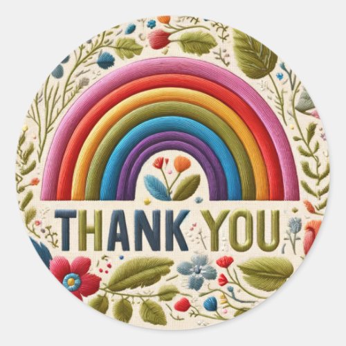 Rainbow  Flowers Boho Embroidered Look Thank You Classic Round Sticker