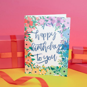 Rainbow Flowers Brush Script Happy Birthday Card