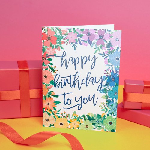 Rainbow Flowers Brush Script Happy Birthday Card
