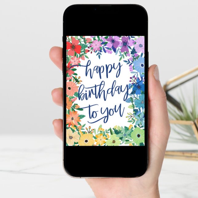 Rainbow Flowers Brush Script Happy Birthday Card (Front Digital)