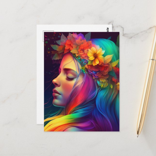 Rainbow Flowers & Colorful Hair Girl Postcard (Front/Back In Situ)