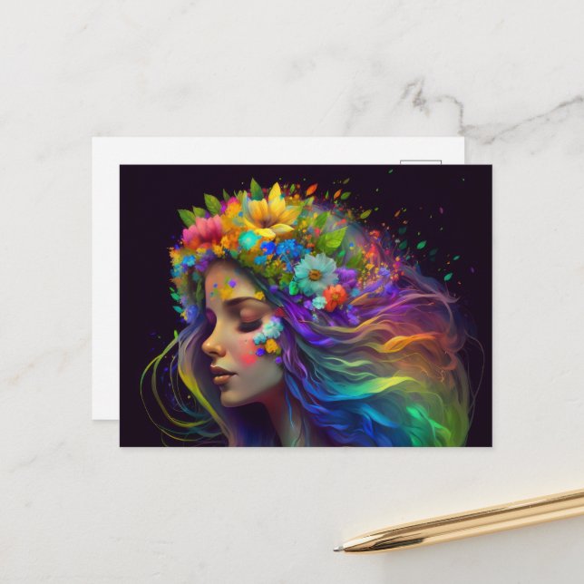 Rainbow Flowers & Hair Woman Postcard (Front/Back In Situ)