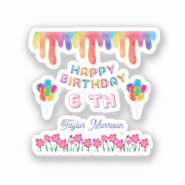Rainbow Flowers Happy Birthday Square Sticker (Front)