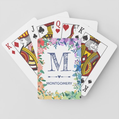 Rainbow Flowers Heart Arrows Monogram Playing Cards