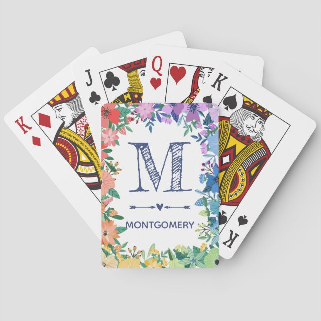 Rainbow Flowers Heart Arrows Monogram Poker Cards (Back)