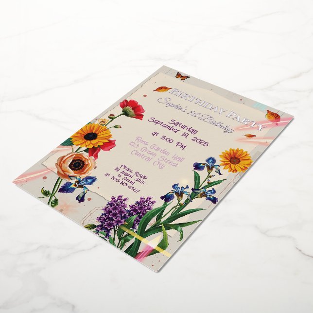 Rainbow Flowers - Modern Collage Foil Invitation (Rotated)
