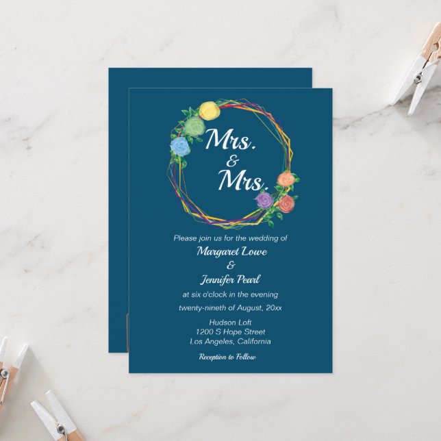 Rainbow Flowers Mrs  lesbian wedding invitation  (Front/Back In Situ)